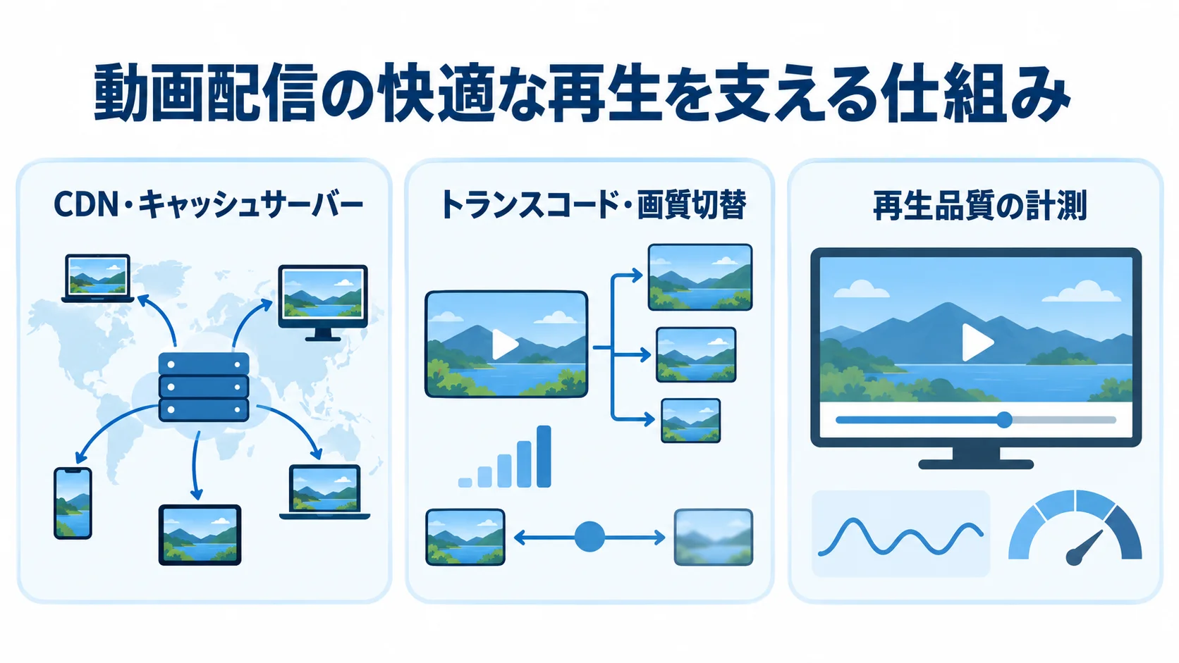 動画配信の再生品質を支える技術要素を示す図 CDNとキャッシュサーバー、トランスコードによる画質切替、再生品質の計測を3つのパネルで示した図。