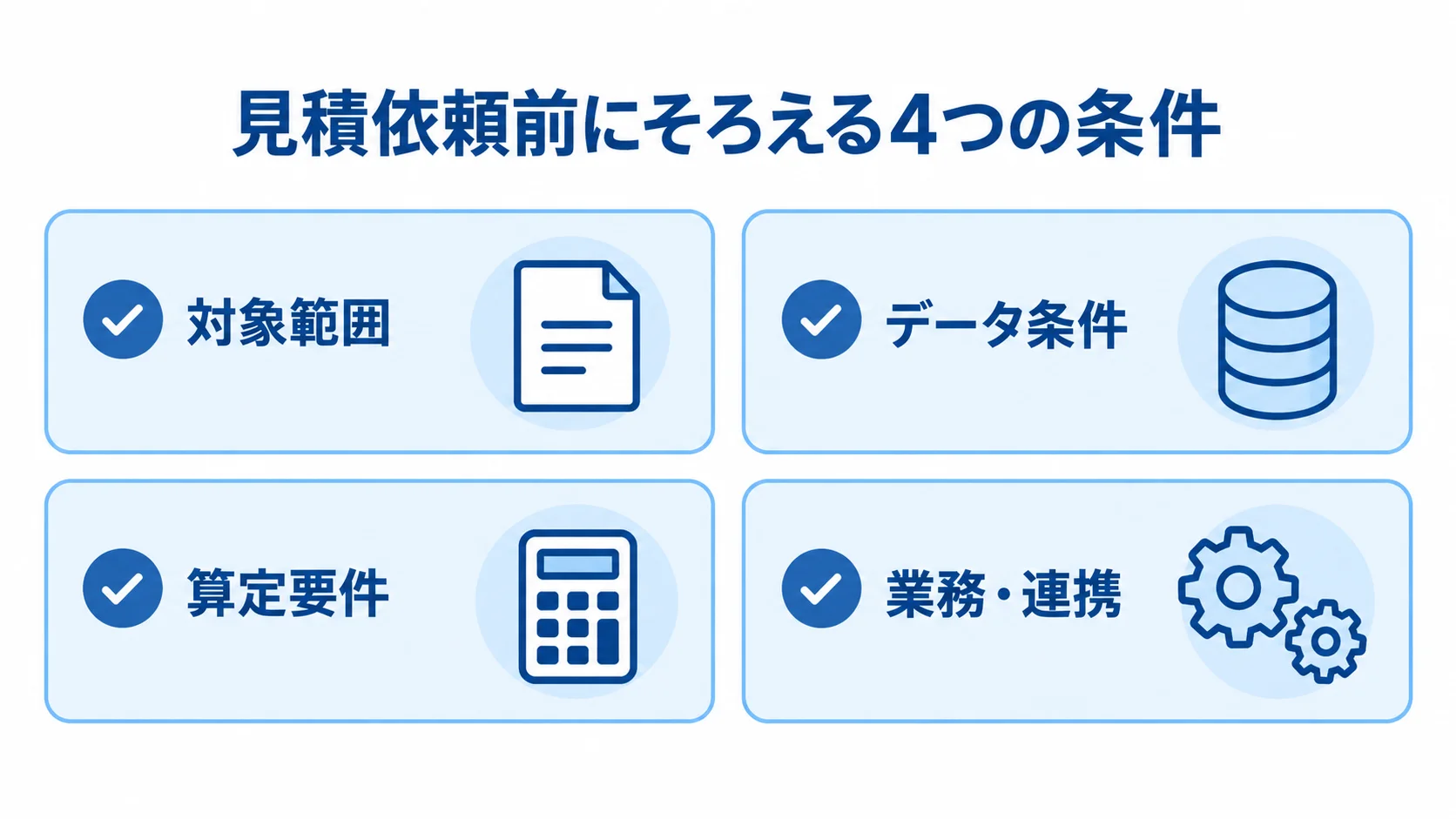 見積もりの前提条件チェックリスト 見積依頼の前提となる対象範囲、データ条件、算定要件、業務・連携を並べたチェックリスト。