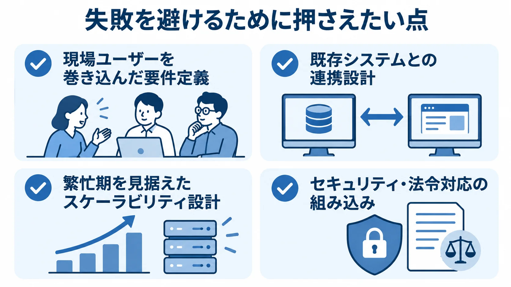 小売業界のシステム開発で確認したい、現場ユーザー、既存システム連携、繁忙期の拡張性、セキュリティと法令対応の4観点を示す図。