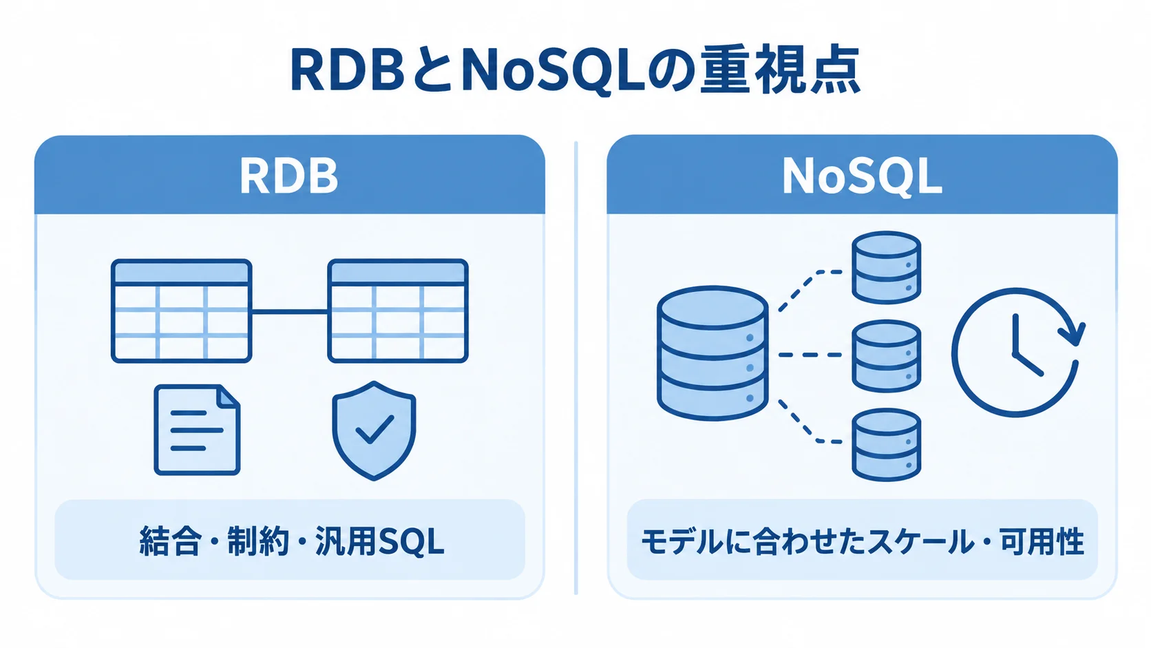 RDBとNoSQLの重視点の比較図 RDBは結合・制約・汎用SQL、NoSQLはモデルに合わせたスケール・可用性を重視することを左右で比べた図。