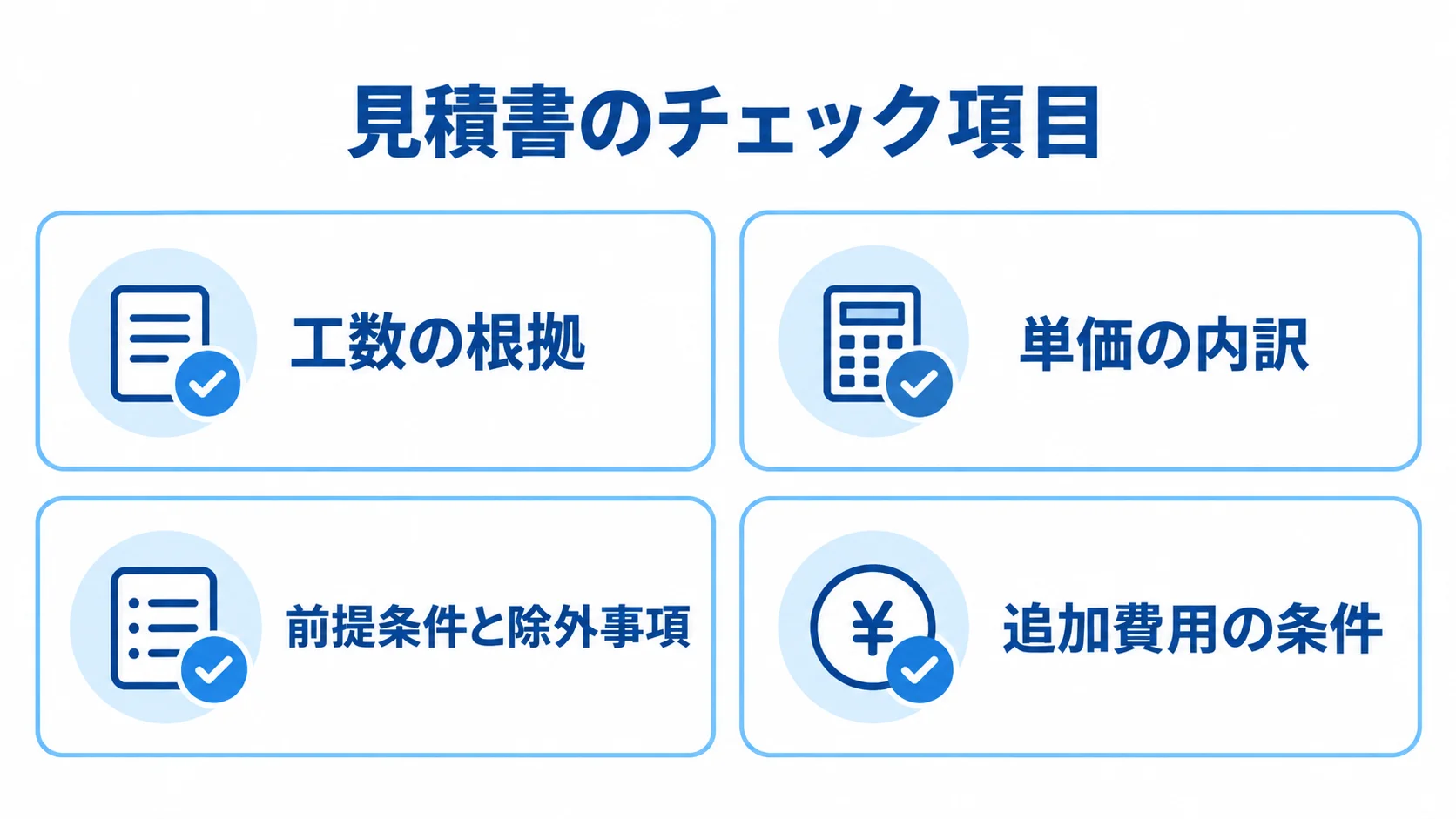 見積書を比較するときに確認する工数、単価、前提条件、追加費用の4項目。