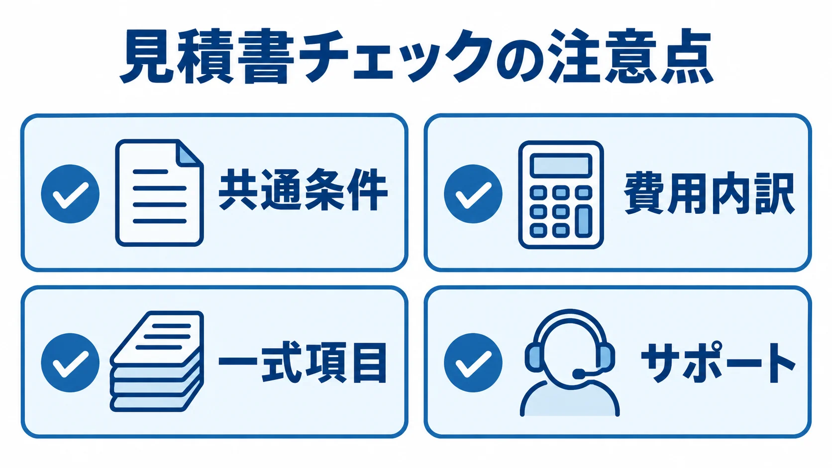 見積書を比較するときの4つの確認項目 複数社の見積書を比べる際の共通条件、費用内訳、一式項目、サポートの確認項目を並べた図。