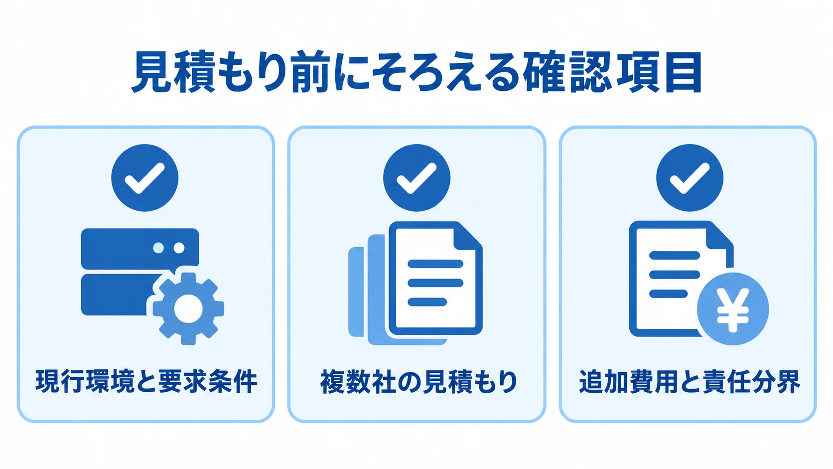 見積もり前の確認項目 JBossの見積もり前に確認する現行環境、複数社の範囲、追加費用と責任分界の3項目。