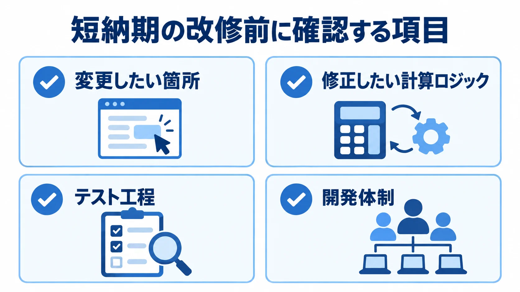 変更箇所、計算ロジック、テスト工程、開発体制を確認するチェックリスト