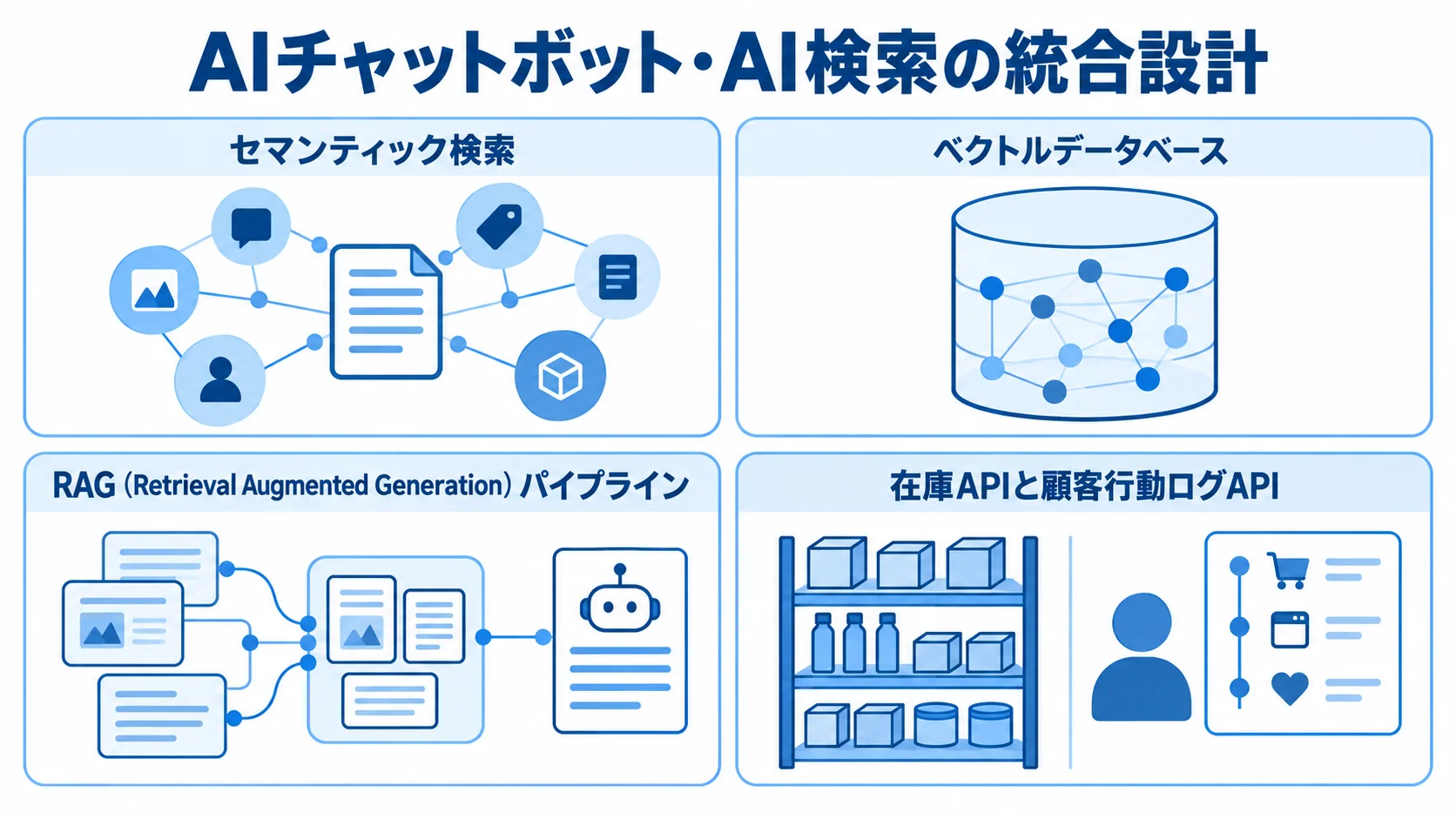 AIチャットボット・AI検索の統合要素 AIチャットボットとAI検索を支えるセマンティック検索、ベクトルデータベース、RAG、参照APIを示す図解。