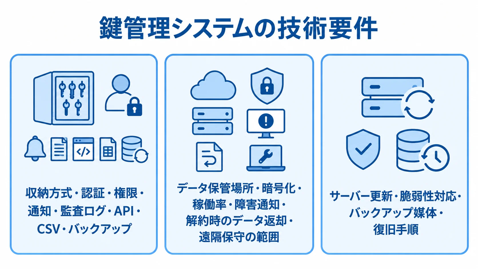 鍵管理システムの方式別技術要件 共通機能、クラウド型、オンプレミス型の技術確認項目を3枚のパネルで示した図