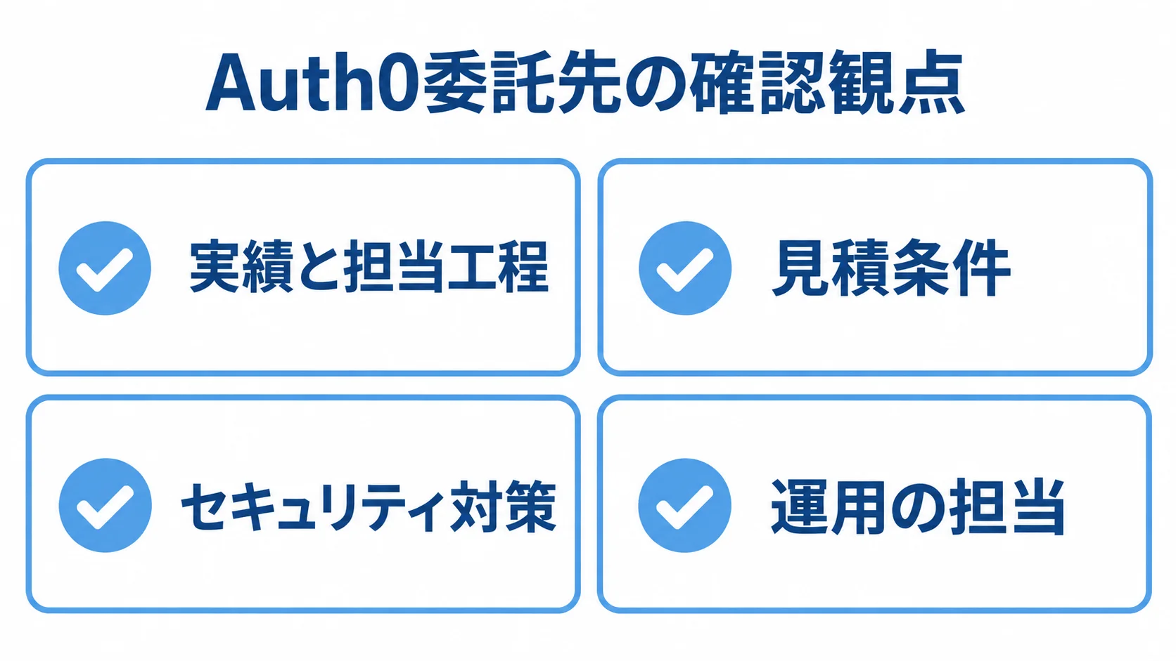 Auth0の委託先を、実績と担当工程、見積条件、セキュリティ対策、運用の担当で確認する図です。