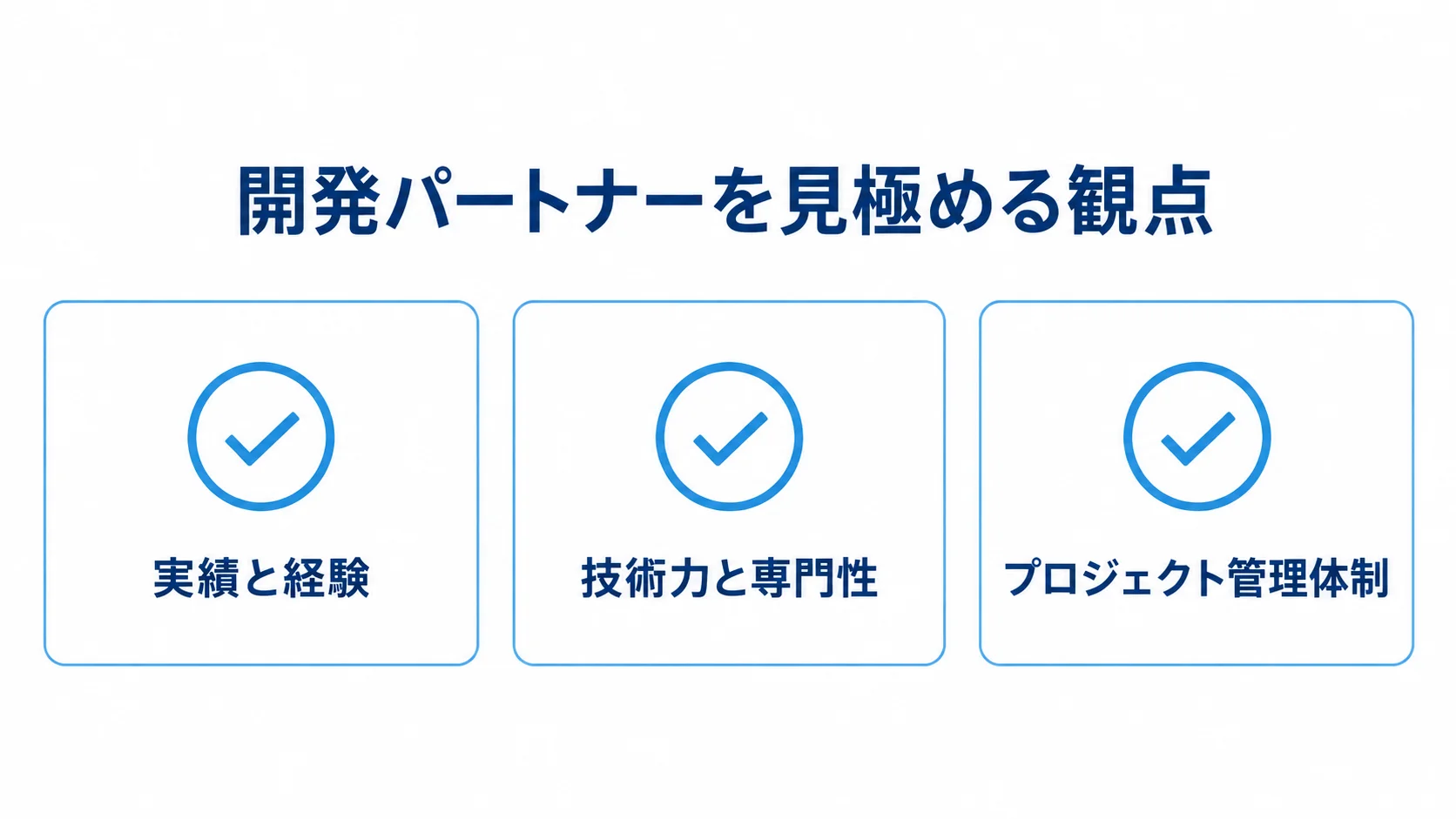 開発パートナー選びの確認観点として、実績と経験、技術力と専門性、プロジェクト管理体制を示す図解。