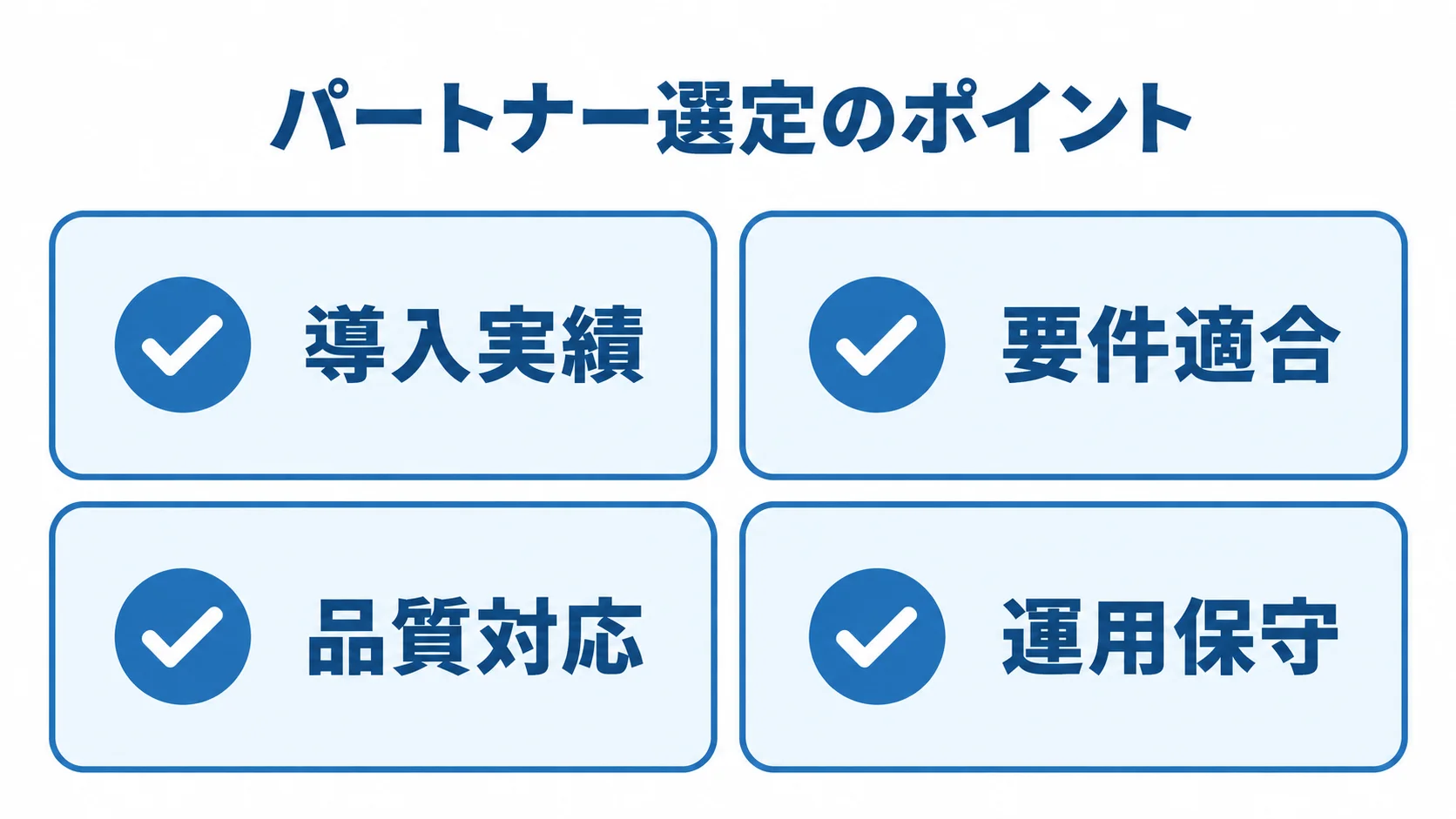 ETL導入パートナーの選定ポイント ETL導入パートナーを選ぶ際に確認する導入実績、要件適合、品質対応、運用保守の4項目。