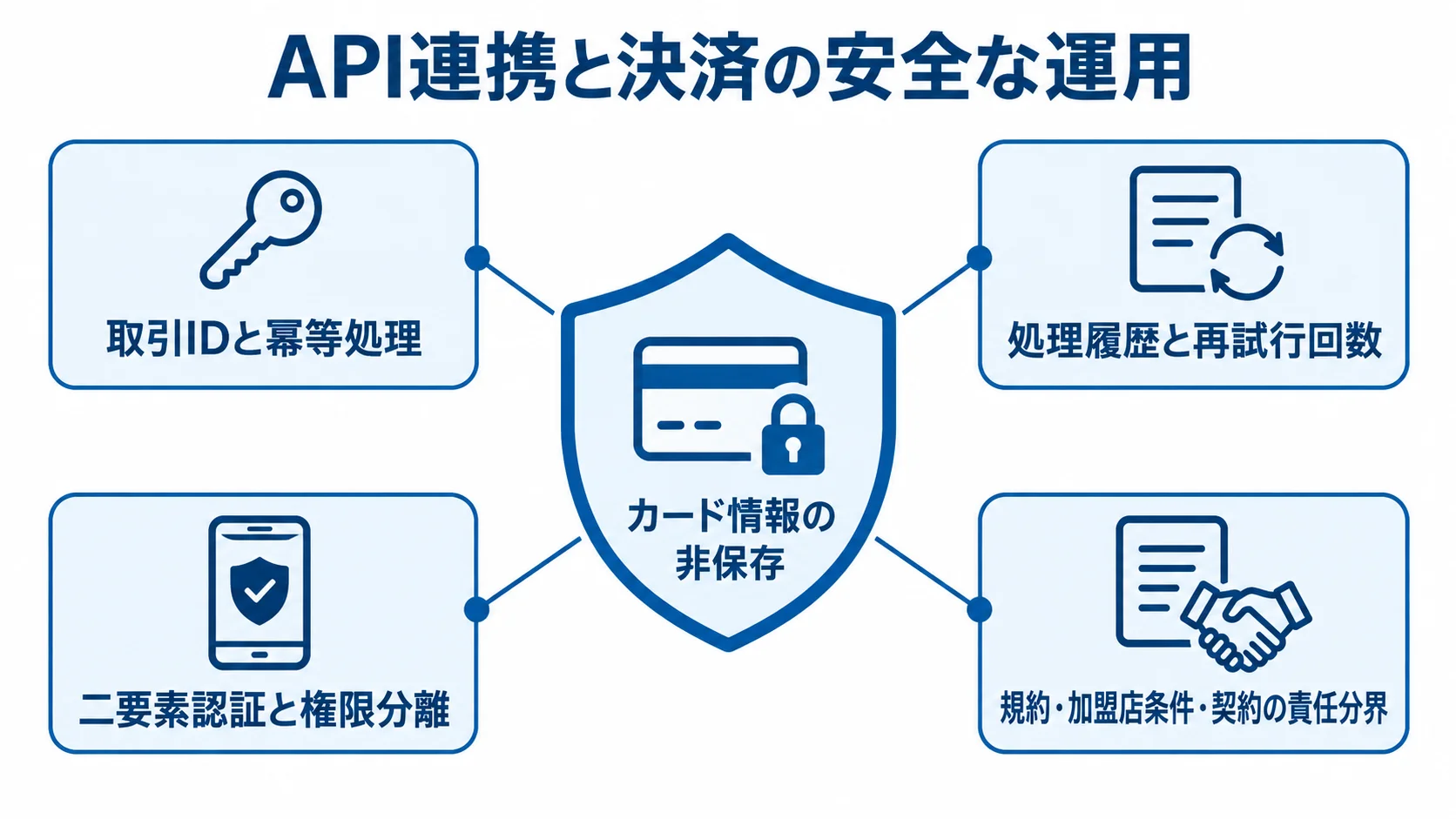 API連携と決済の運用を支える対策を示す図 カード情報の非保存を中央に置き、取引IDと冪等処理、処理履歴と再試行回数、二要素認証と権限分離、規約・加盟店条件・契約の責任分界を周囲に配置した図