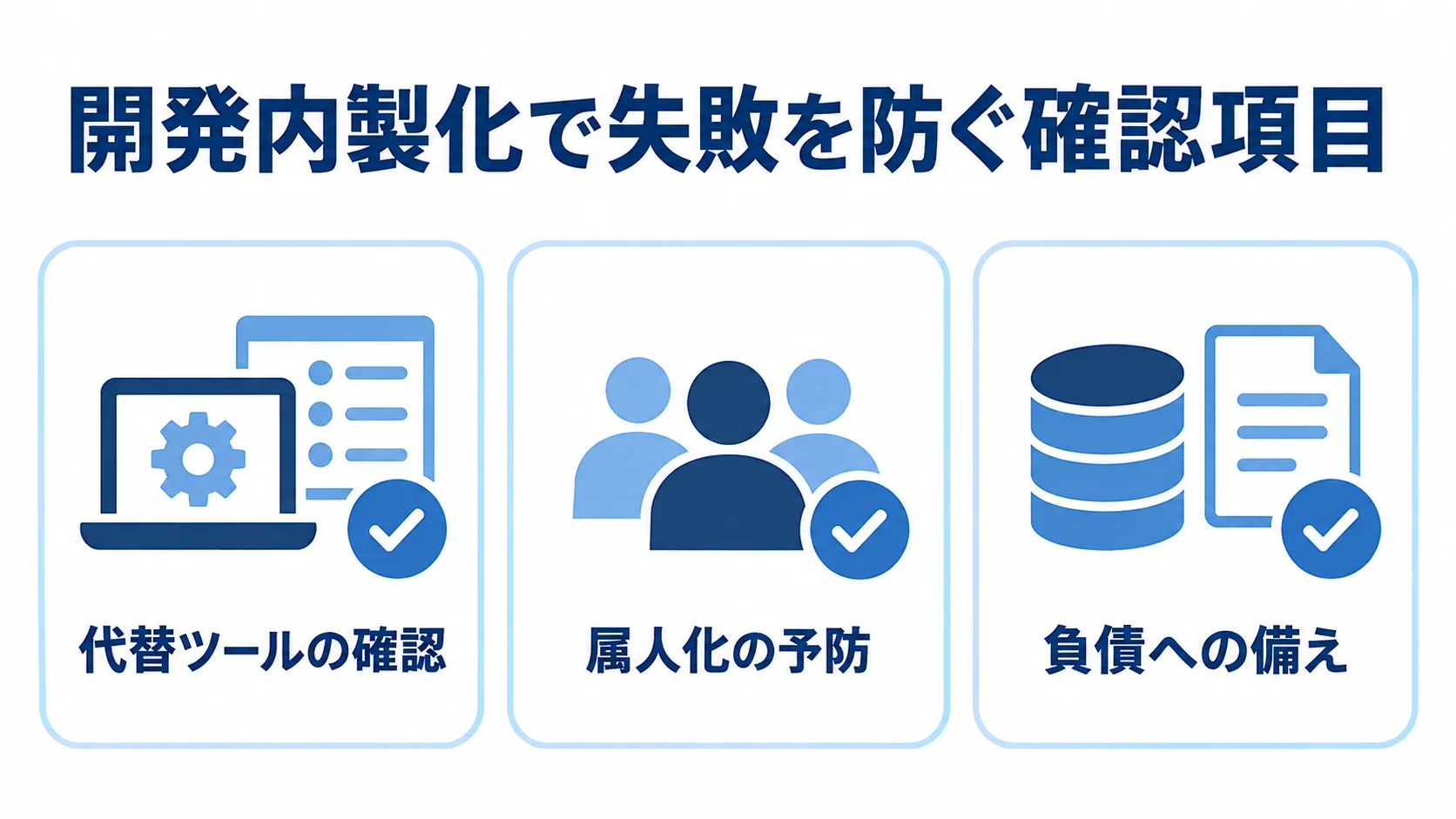 開発内製化で失敗を防ぐ確認項目 代替ツールの確認、複数人での開発・保守、技術的負債への備えを並べたチェックリスト図。