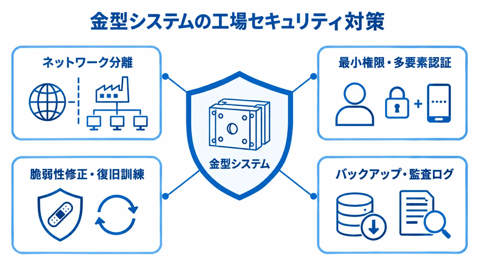 金型システムを守る工場セキュリティ対策 中央の金型システムを、ネットワーク分離や認証、復旧訓練、バックアップなどの対策で囲んだ図解。