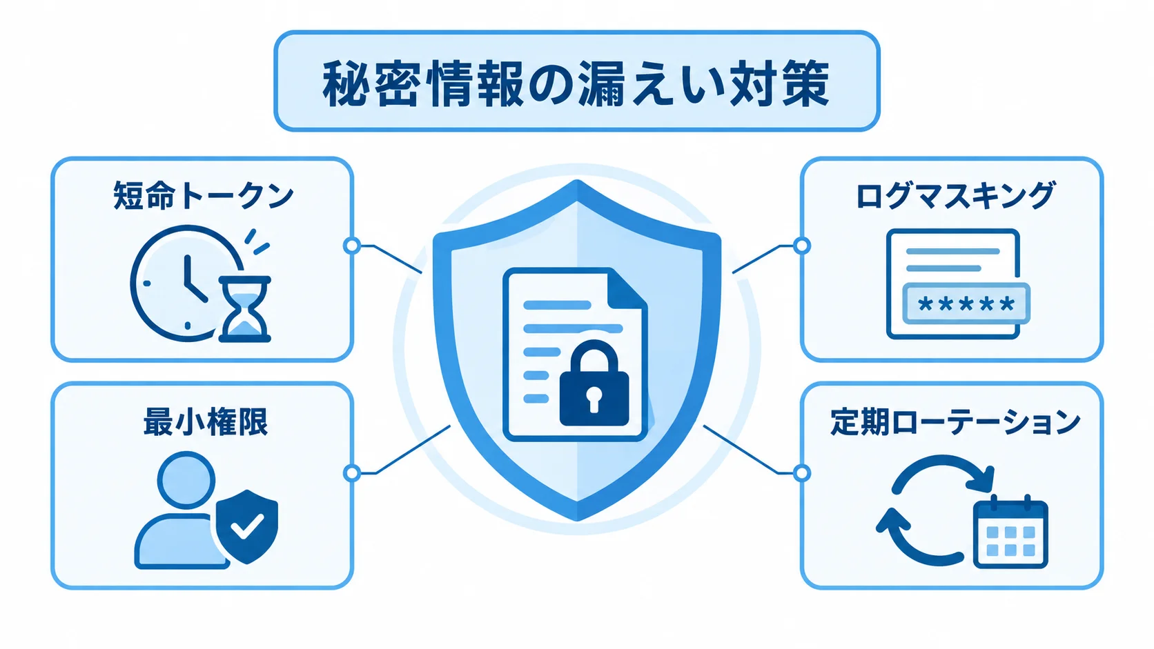 秘密情報の漏えい対策を支える4項目 秘密情報を中心に、短命トークン、ログマスキング、最小権限、定期ローテーションを周囲に配置した対策図。