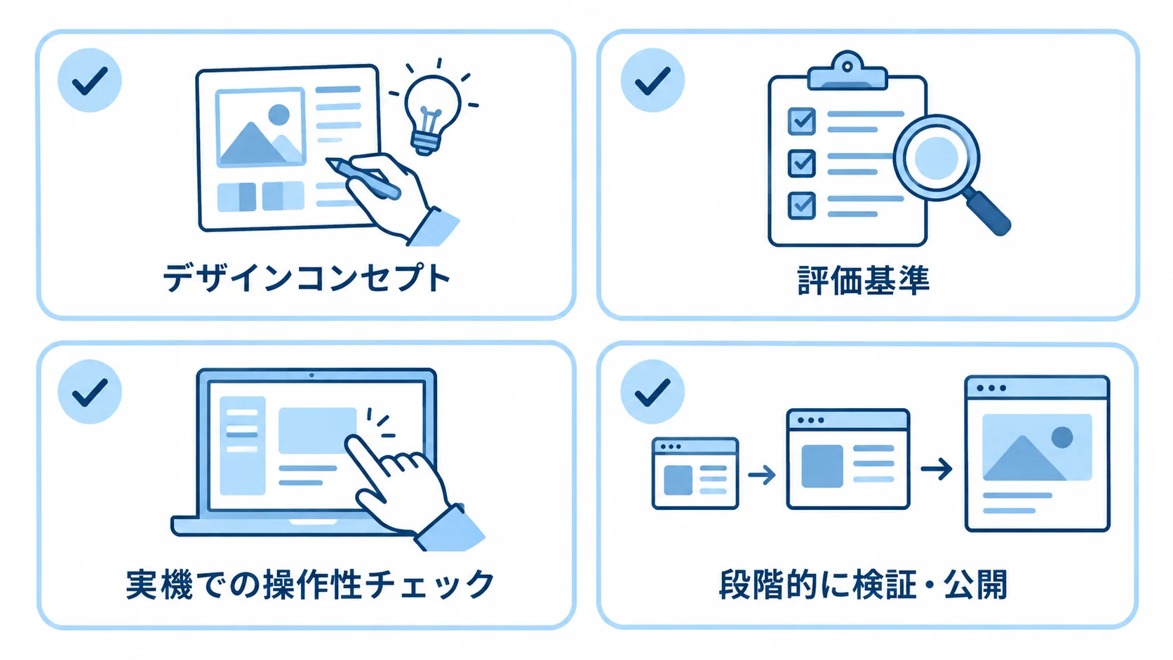 レビュー基準と実機確認を含む遅延対策 デザインコンセプト、評価基準、実機確認、段階的な検証・公開を並べたチェックリスト。
