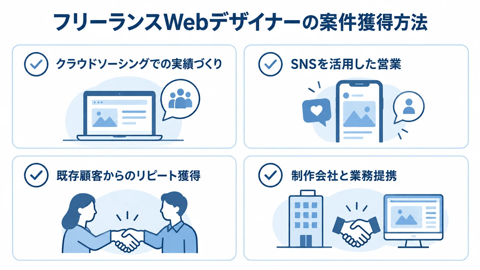 クラウドソーシング、SNS、既存顧客、制作会社との業務提携を並べた図解