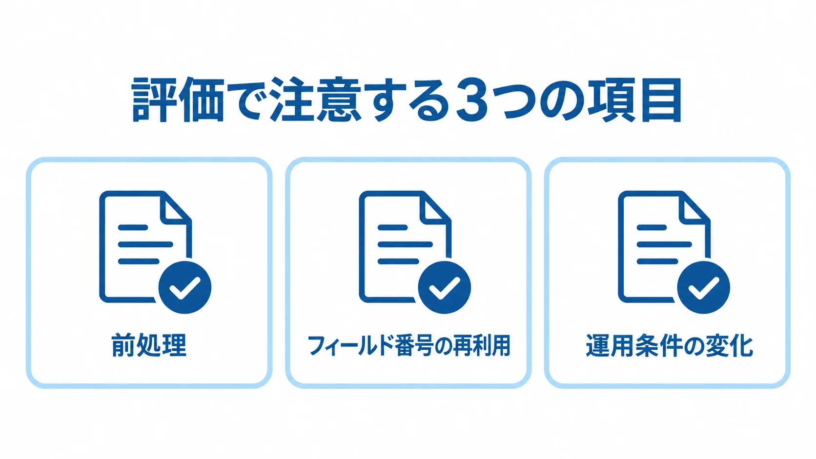 Protocol Buffersの評価で注意する項目として、前処理、フィールド番号の再利用、運用条件の変化を示す図です。