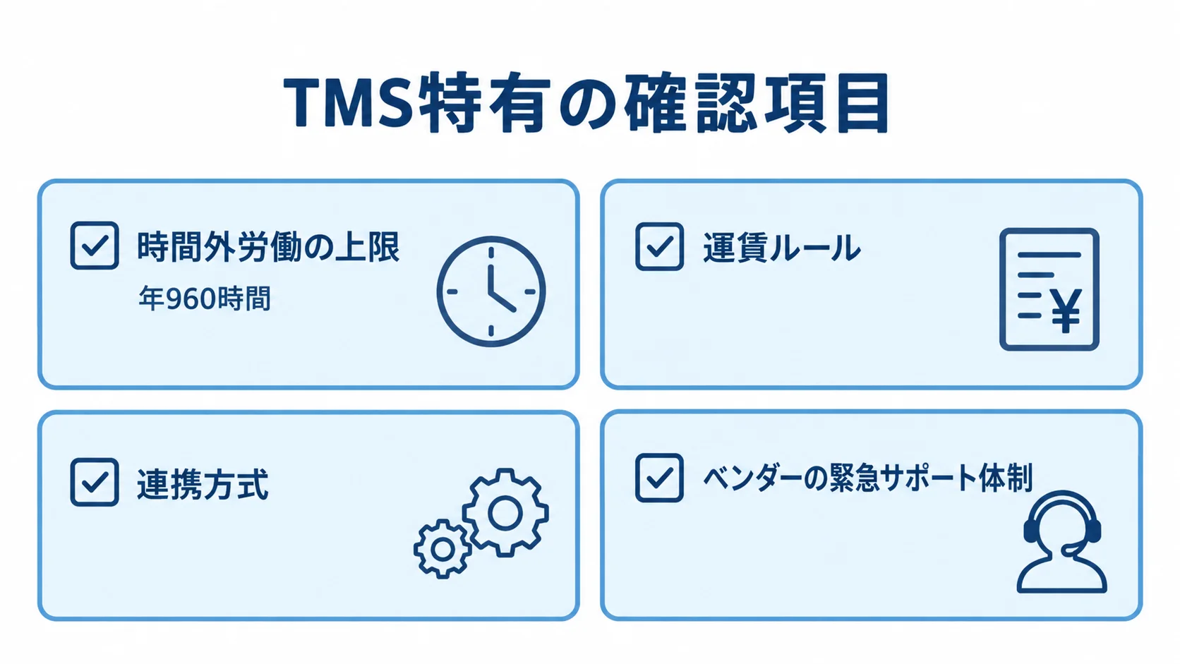 TMSの要件定義チェックポイント TMS特有の要件定義で確認する4項目をまとめた図解