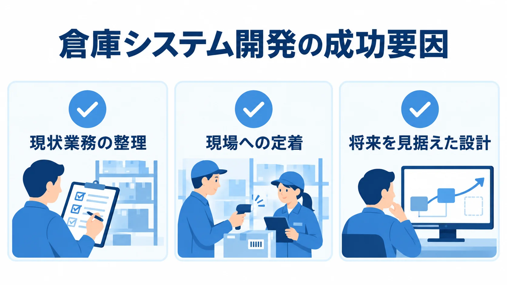 現状業務の整理、現場への定着、将来を見据えた設計を並べたチェックリスト図