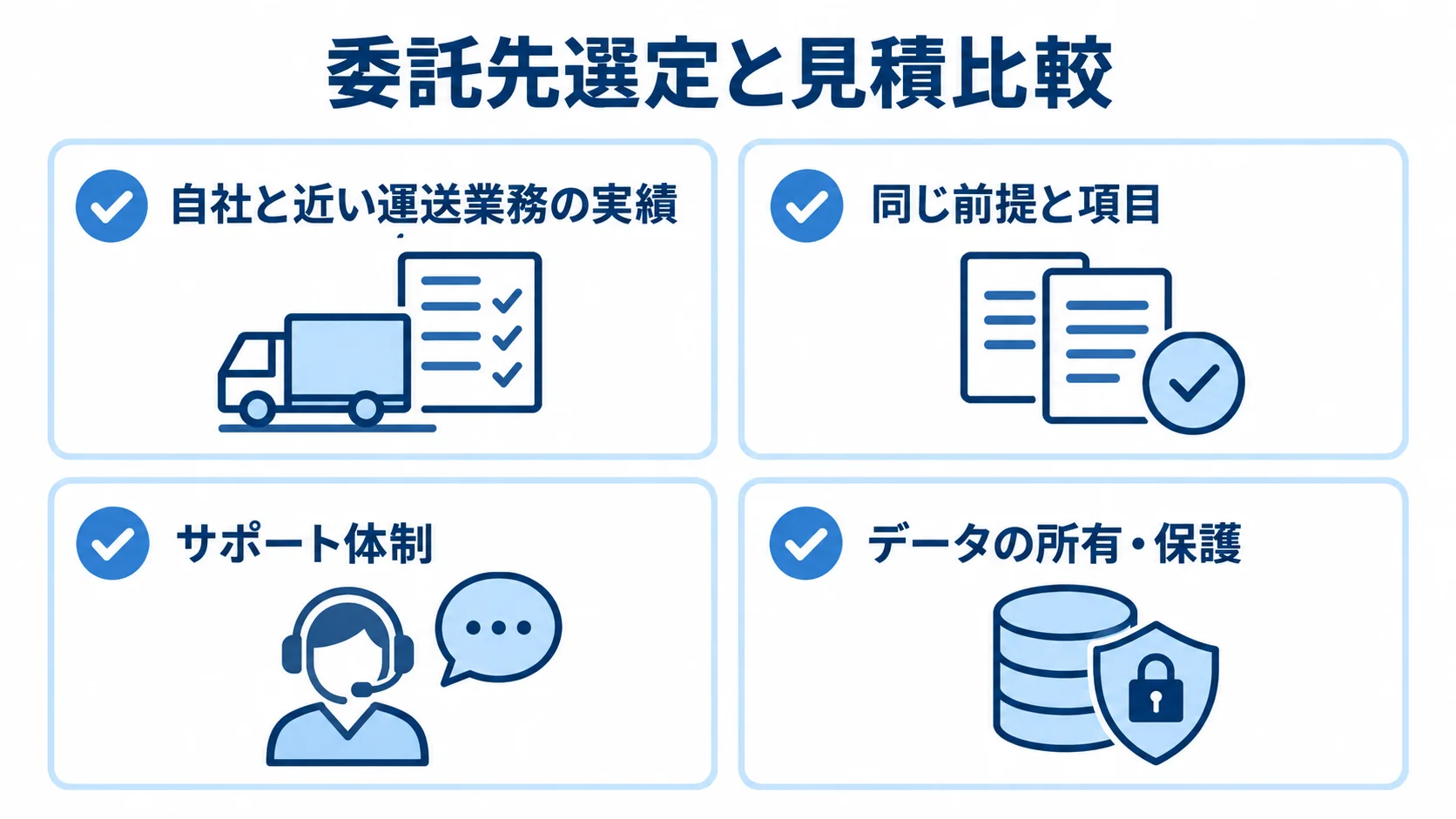 委託先選定と見積比較の確認項目を示す図 委託先の実績、見積前提、サポート体制、データ保護を並べた確認項目の図解。