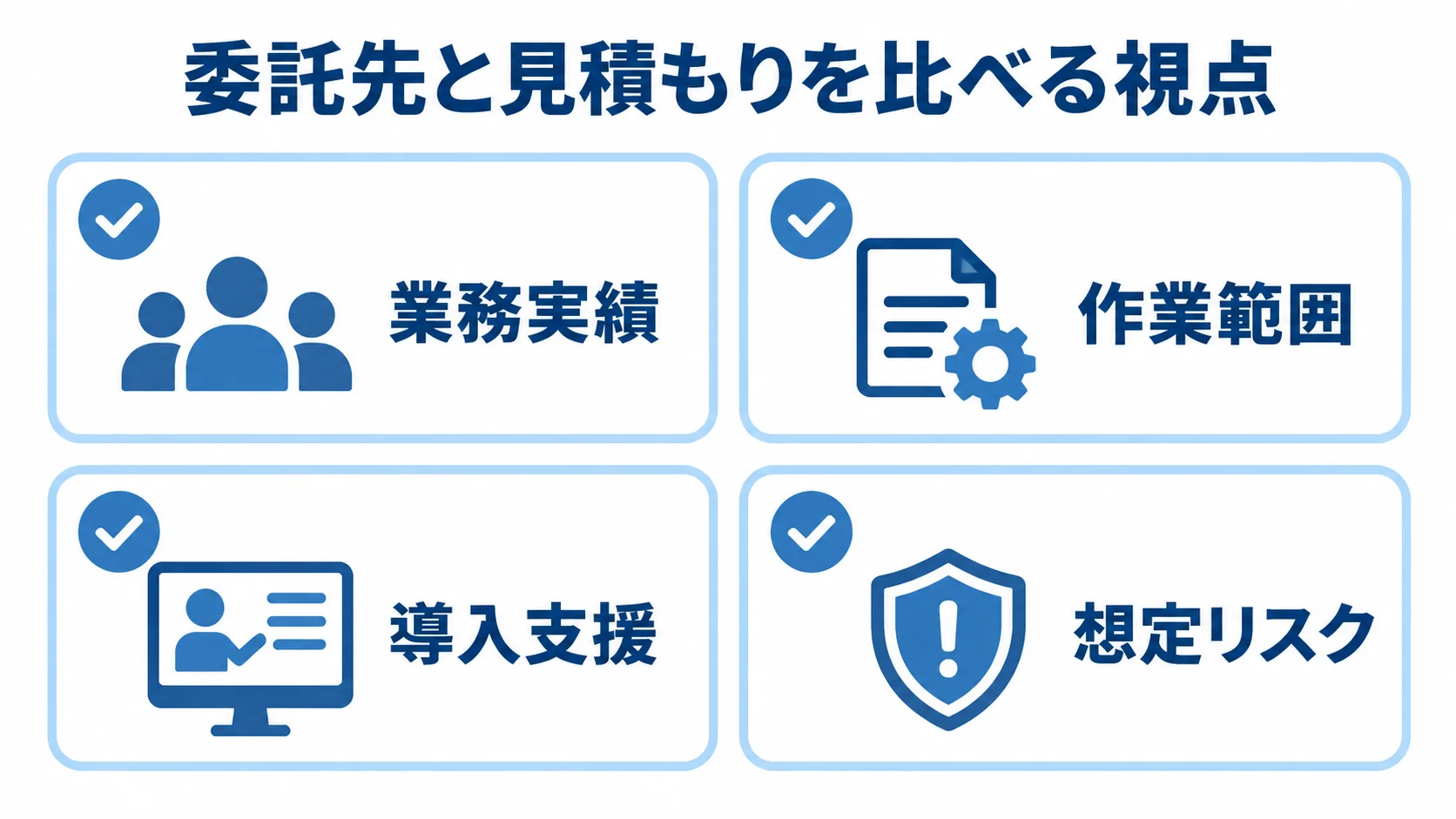 業務実績、作業範囲、導入支援、想定リスクの4項目を並べた委託先評価の図解