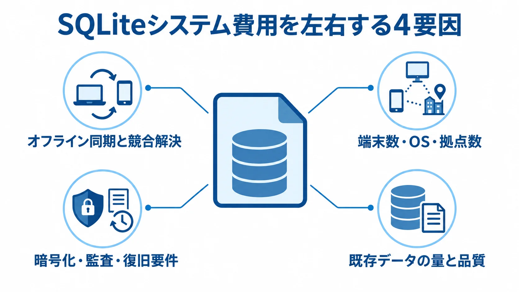 SQLiteシステム費用に影響する4つの要因 SQLiteを表す中央のデータベース図に、費用を左右する4つの要因を注釈線で結んだ図です。