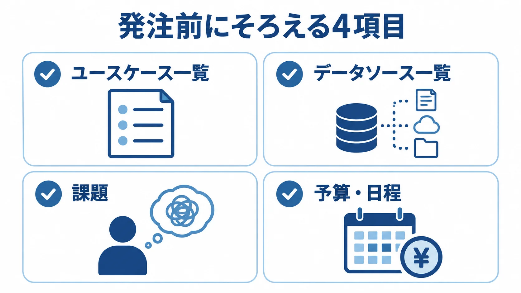 発注前に整理するユースケース一覧、データソース一覧、課題、予算・日程の4項目