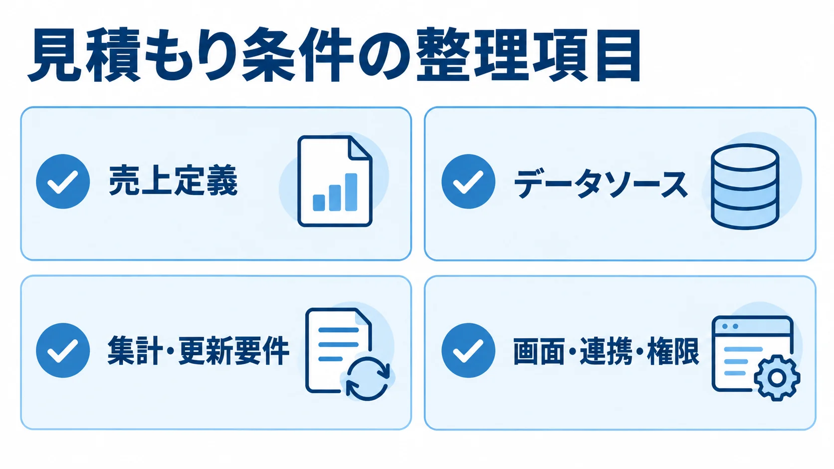 開発見積もりの確認項目 見積もりの前提をそろえる売上定義、データソース、集計・更新要件、画面・連携・権限のチェックリスト。