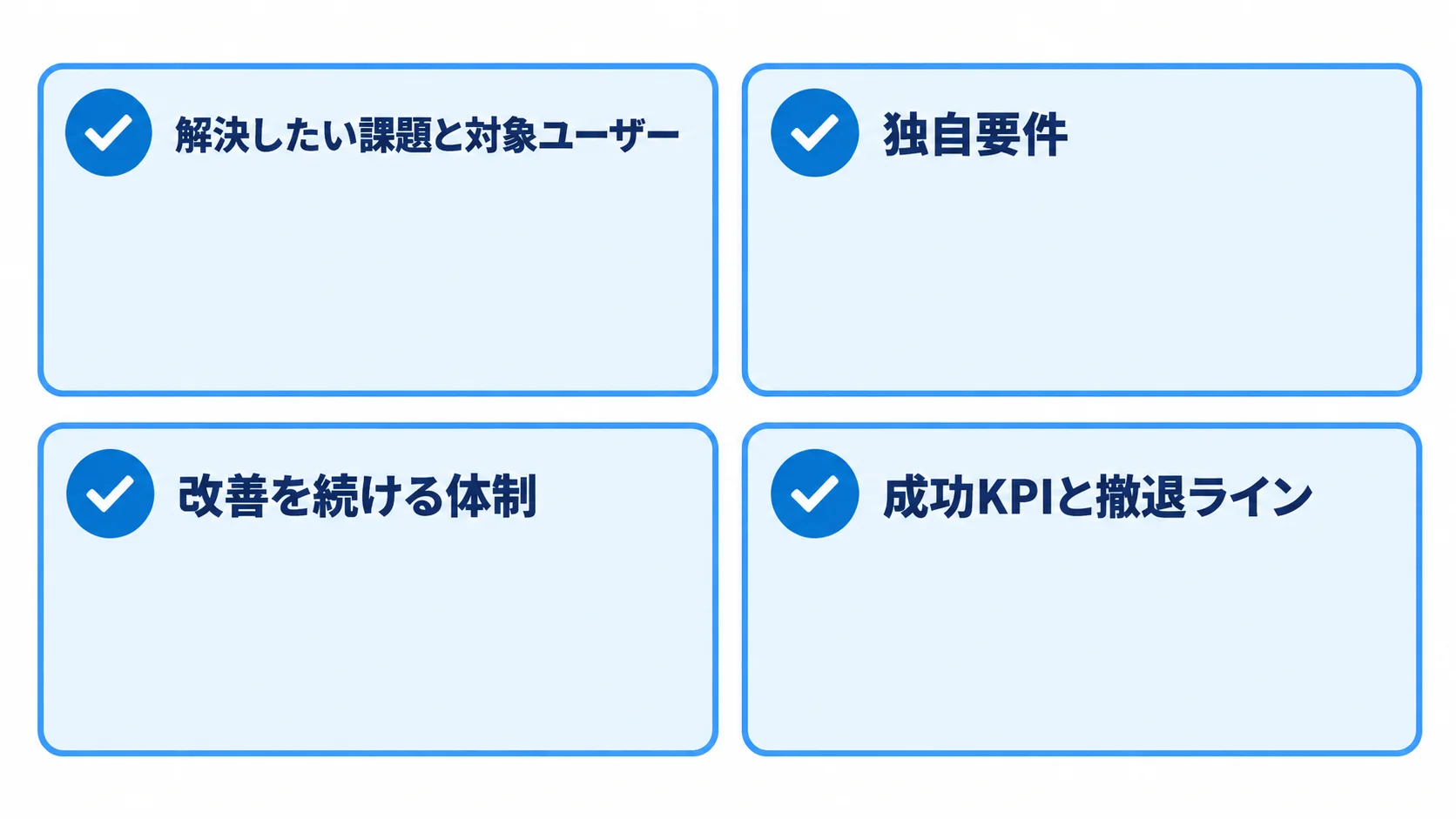 プロダクト開発の導入判断チェックリスト 課題と対象ユーザー、独自要件、改善体制、成功KPIと撤退ラインを確認するチェックリスト