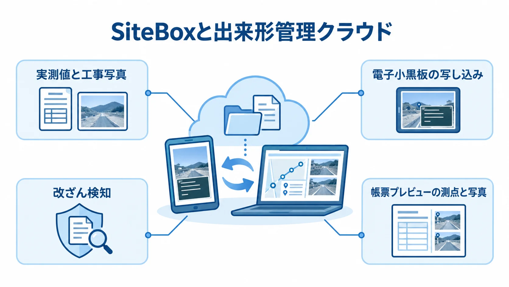 SiteBoxと出来形管理クラウドの機能を示す図 SiteBoxと出来形管理クラウドの周囲に、実測値と工事写真、電子小黒板、改ざん検知、測点と写真の確認項目を配置した図