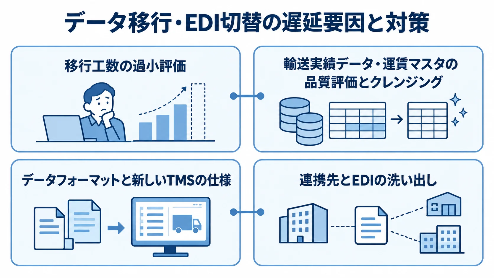 データ移行とEDI切替で起きる遅延要因と、品質評価や連携先の洗い出しなどの対策を示す4枚のパネル図。