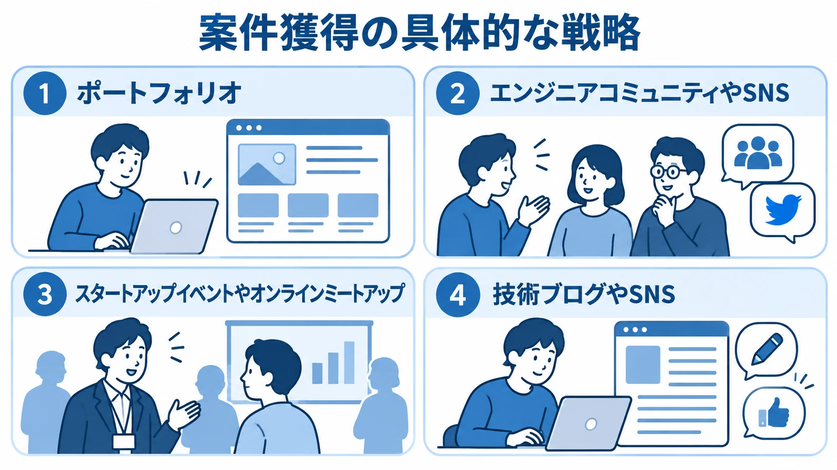 ポートフォリオ、人脈、イベント、技術発信を案件獲得の取り組みとして並べた図解。