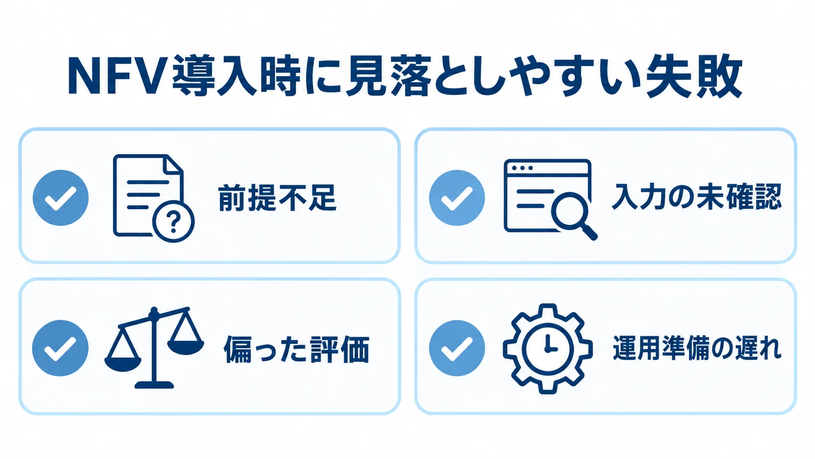 NFV導入時の失敗として、前提不足、入力の未確認、偏った評価、運用準備の遅れを並べた図。