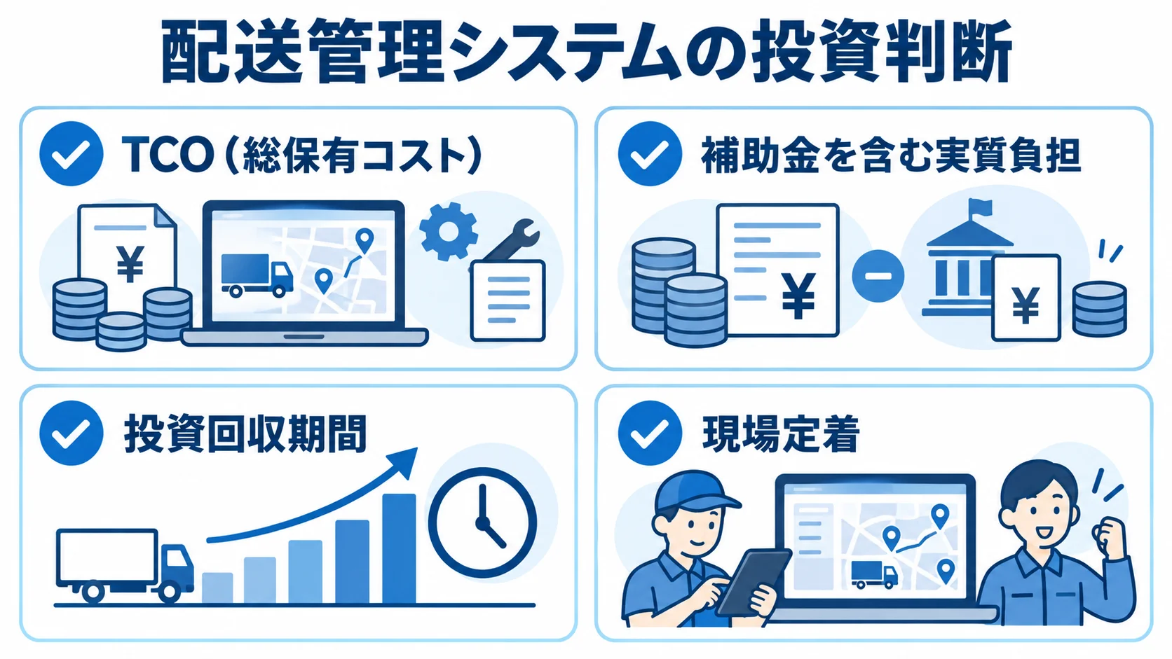 配送管理システムの費用対効果と現場定着の確認項目 TCO、補助金を含む実質負担、投資回収期間、現場定着の4項目を示す投資判断チェックリスト