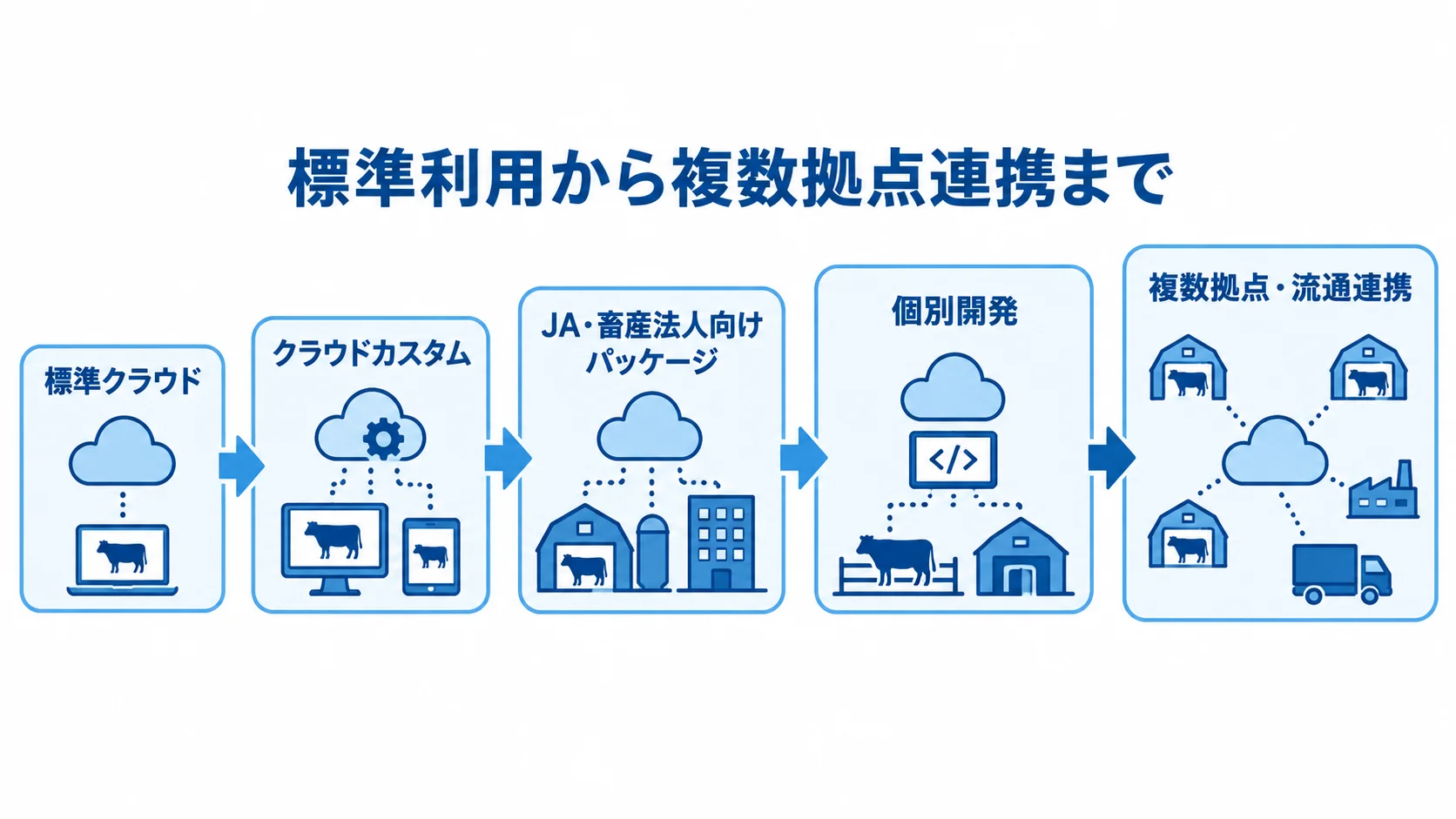 標準クラウドから複数拠点・流通連携までの5方式を段階的に並べた図解