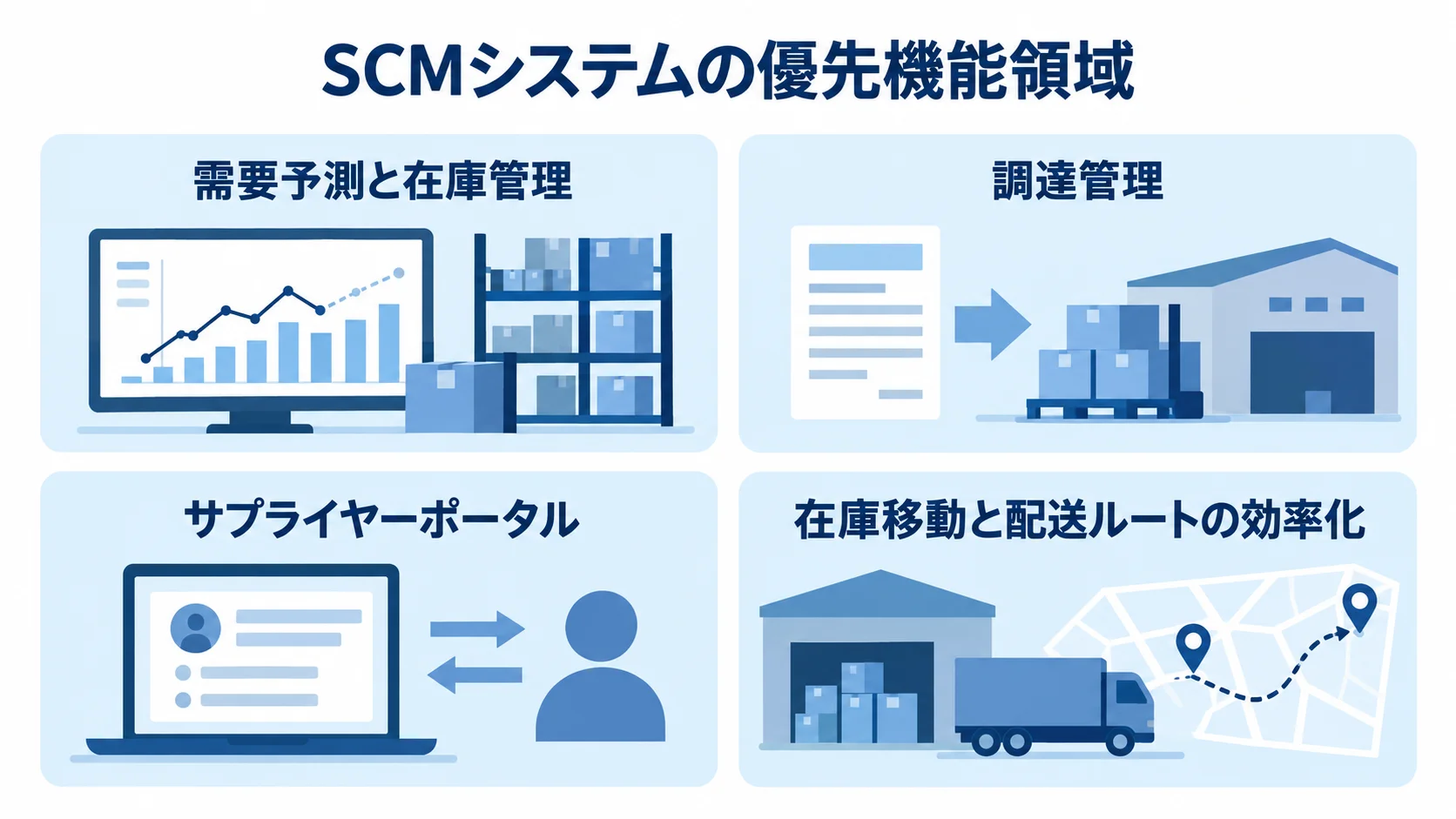 SCMシステムの機能設計で扱う需要予測、在庫管理、調達、サプライヤー連携、物流の領域を示した図。