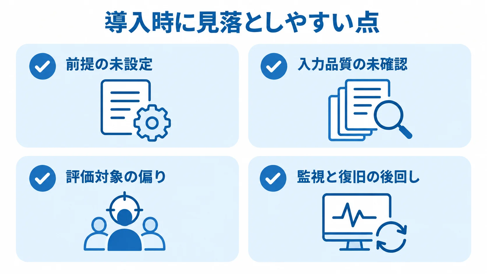導入時に見落としやすい4つの点 前提、入力品質、評価対象、監視と復旧の4つの見落としやすい点をチェック項目として示した図解。