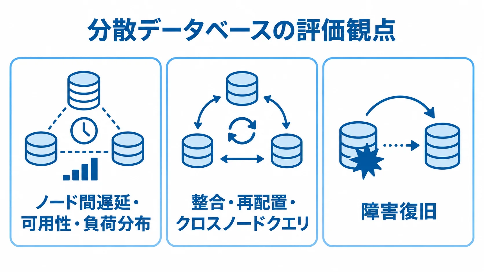 分散データベースで確認する3つの評価観点 分散データベースの評価対象として、性能と可用性、データの状態、障害復旧を並べた3つのパネル図