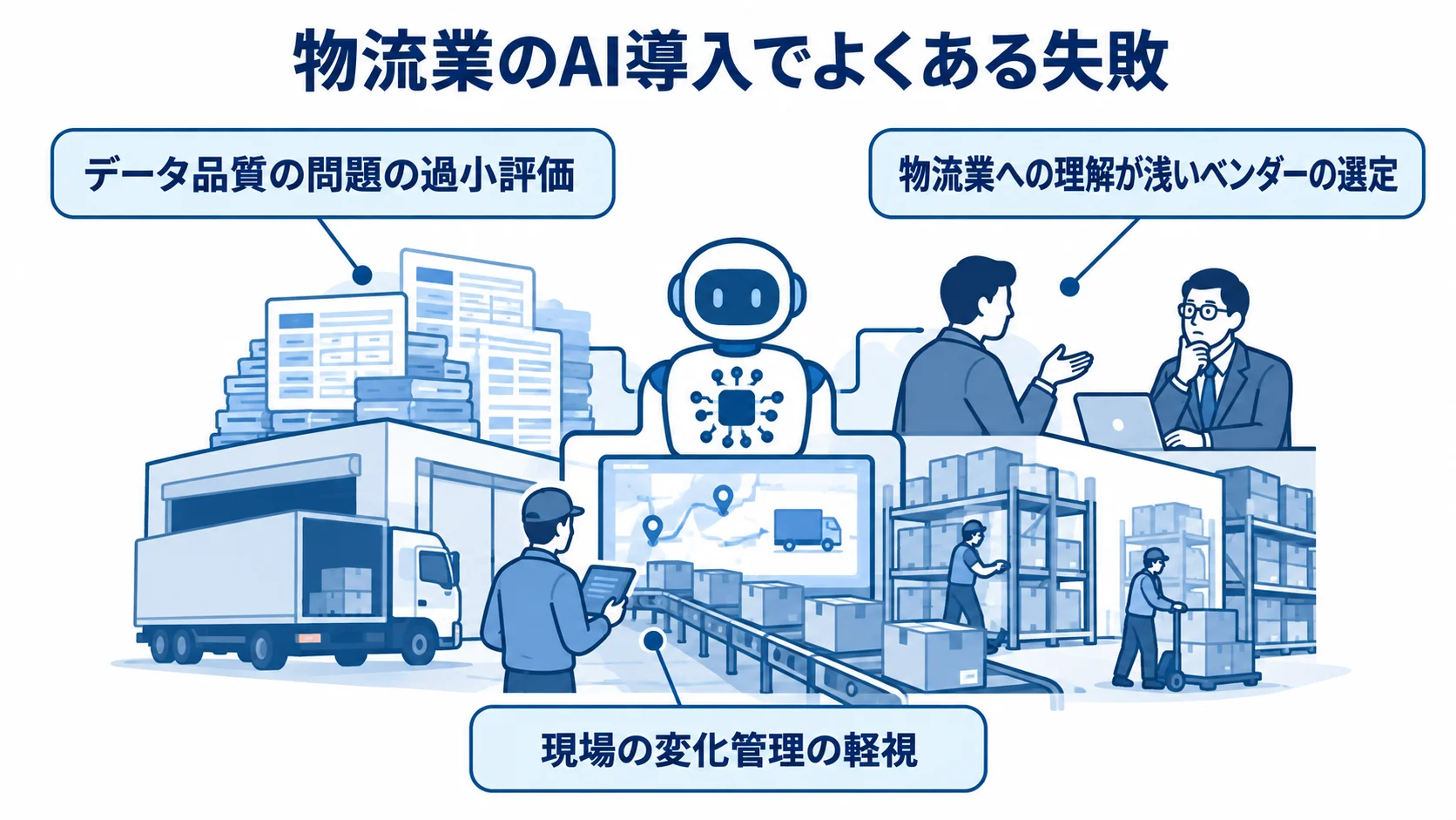 物流業のAI導入でよくある失敗パターンの図解 物流業のAI導入を中心に、データ品質の問題の過小評価、物流業への理解が浅いベンダーの選定、現場の変化管理の軽視を注釈で示しています。
