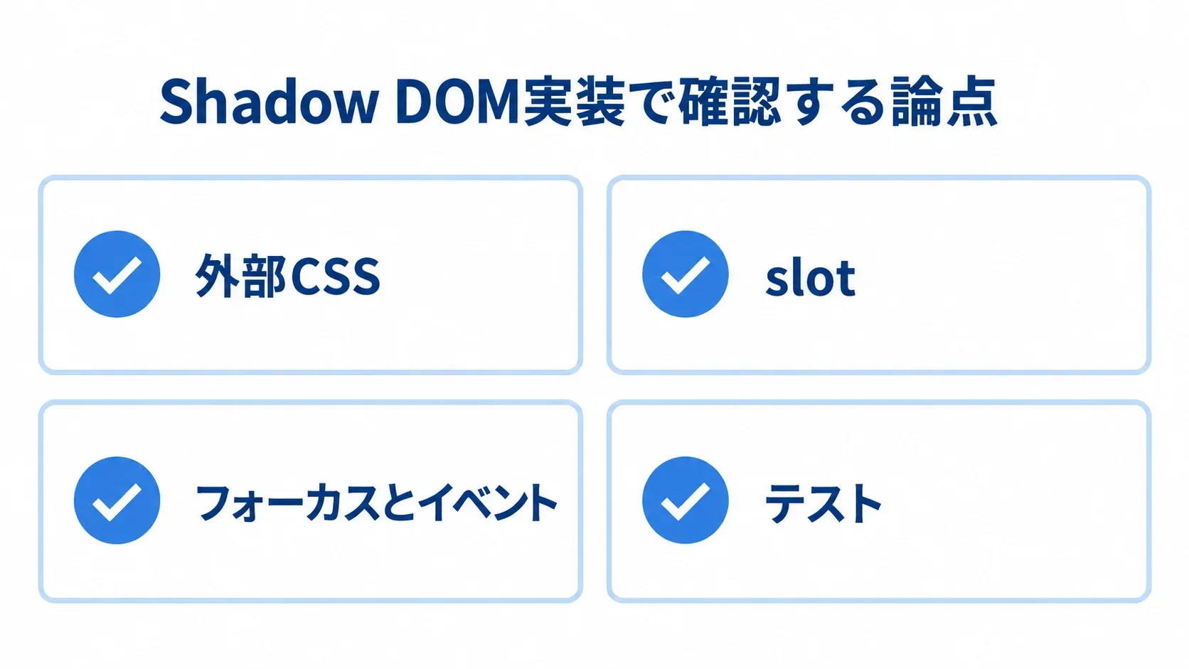 Shadow DOMで確認する外部CSS、slot、フォーカスとイベント、テストの図。 Shadow DOMの実装上の確認論点として、外部CSS、slot、フォーカスとイベント、テストを並べた図解。