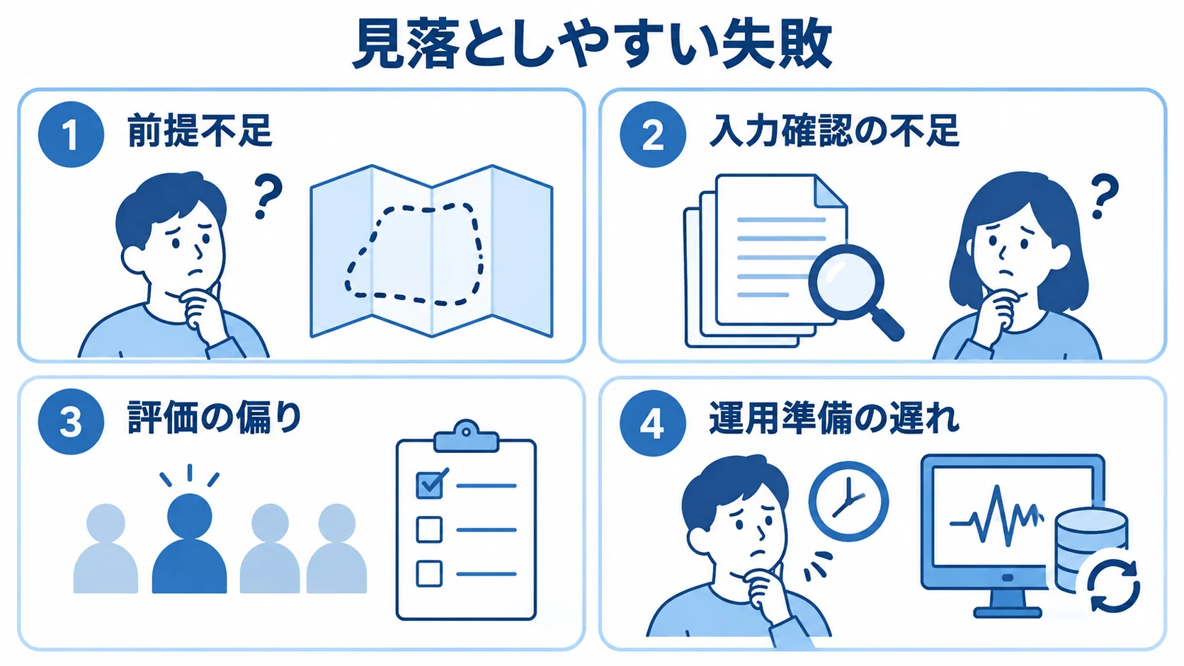 ゼロトラストネットワークで見落としやすい失敗 前提不足、入力確認の不足、評価の偏り、運用準備の遅れの4項目を並べた図。